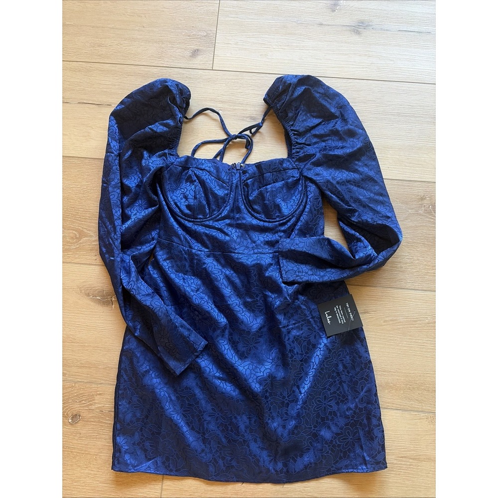 Lulus Satin Corset Mini Dress Medium Blue Jacquard Puff Sleeve Coquette Party